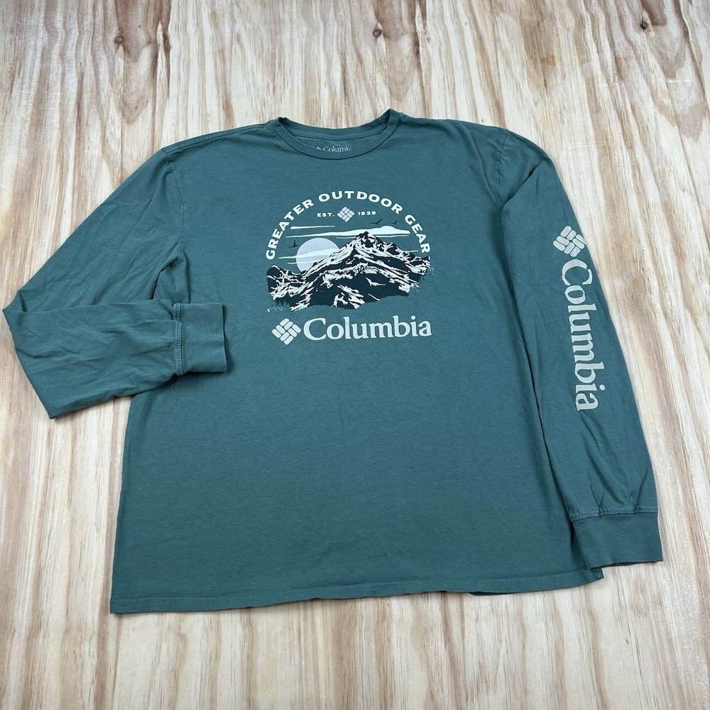 Columbia Men's XL Green Long Sleeve T-Shirt Spell Out Logo Graphic Outdoor